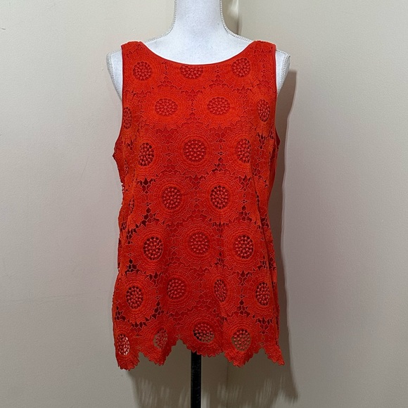 Loft || Woman’s Reddish Orange Cotton floral lace tank top size Medium - Picture 1 of 7